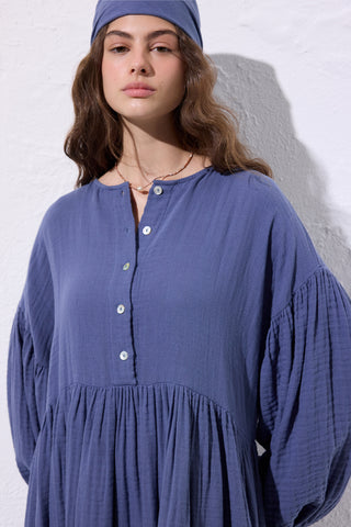 Muslin Buttoned Relaxed Dress Indigo
