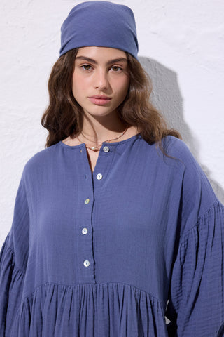 Muslin Buttoned Relaxed Dress Indigo