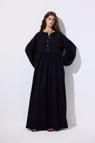 Muslin Buttoned Relaxed Dress Black