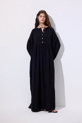 Muslin Buttoned Relaxed Dress Black