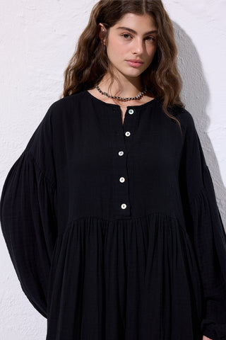 Muslin Buttoned Relaxed Dress Black