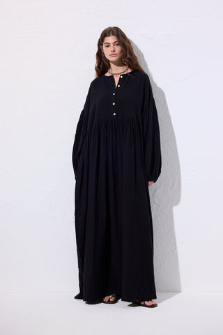 Muslin Buttoned Relaxed Dress Black