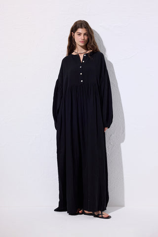 Muslin Buttoned Relaxed Dress Black
