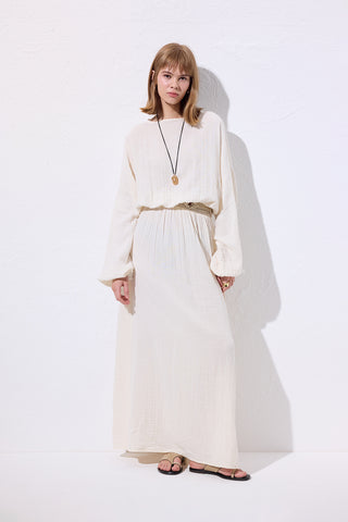 Muslin Gathered Waist Dress Ecru