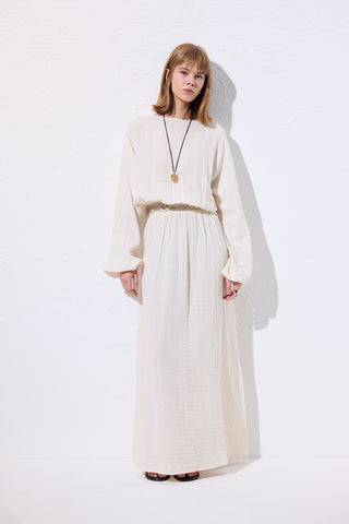 Muslin Gathered Waist Dress Ecru