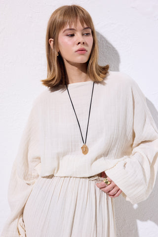 Muslin Gathered Waist Dress Ecru