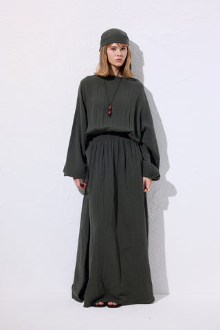 Muslin Gathered Waist Dress Dark Green