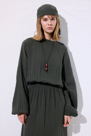 Muslin Gathered Waist Dress Dark Green