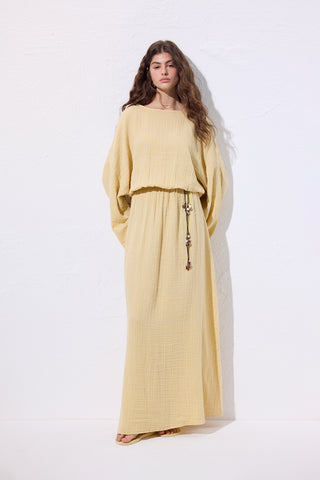 Muslin Gathered Waist Dress Yellow
