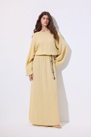 Muslin Gathered Waist Dress Yellow
