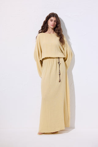 Muslin Gathered Waist Dress Yellow