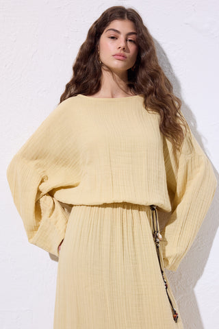 Muslin Gathered Waist Dress Yellow
