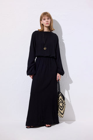 Muslin Gathered Waist Dress Black