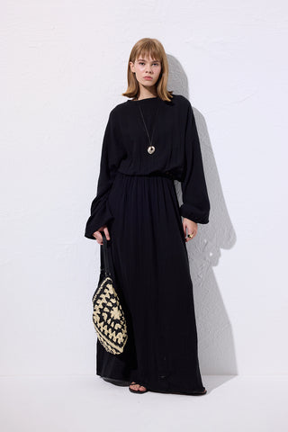 Muslin Gathered Waist Dress Black