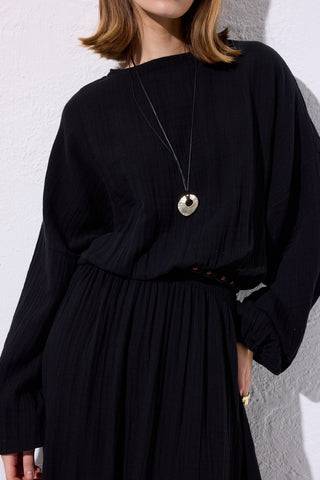 Muslin Gathered Waist Dress Black