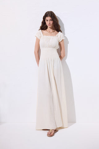 Muslin Ruched Dress Beige