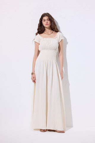 Muslin Ruched Dress Beige