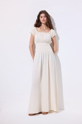 Muslin Ruched Dress Beige