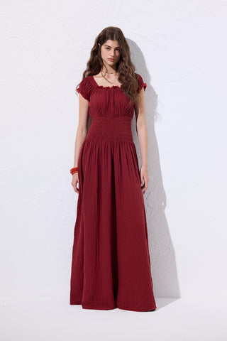 Muslin Ruched Dress Red