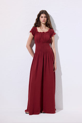 Muslin Ruched Dress Red