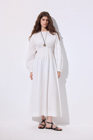 Pleated Waist Dress Ecru