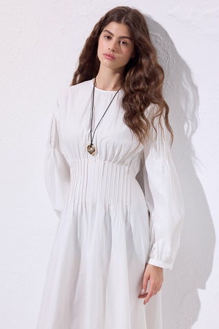 Pleated Waist Dress Ecru