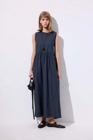 Belted Poplin Dress Navy Blue
