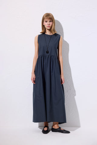 Belted Poplin Dress Navy Blue