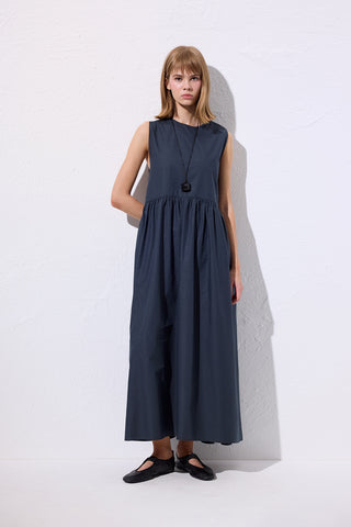 Belted Poplin Dress Navy Blue