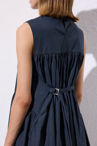 Belted Poplin Dress Navy Blue