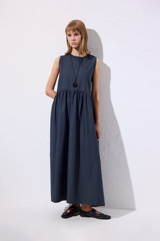 Belted Poplin Dress Navy Blue