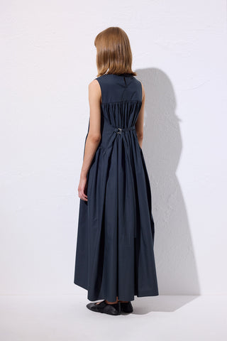 Belted Poplin Dress Navy Blue