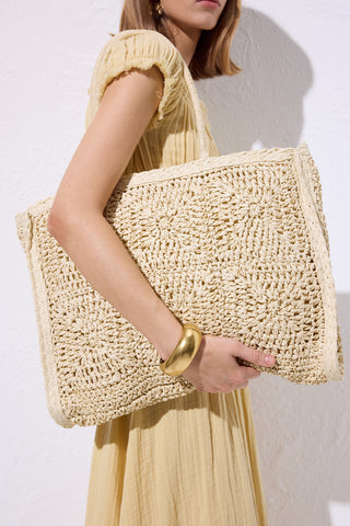 Patterned Woven Large Bag Beige