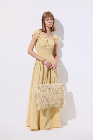 Patterned Woven Large Bag Beige