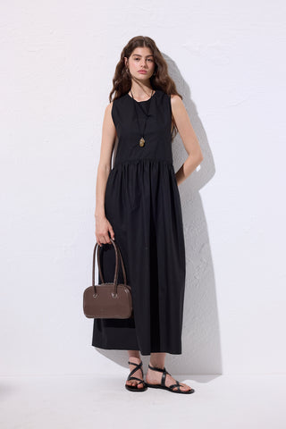 Belted Poplin Dress Black