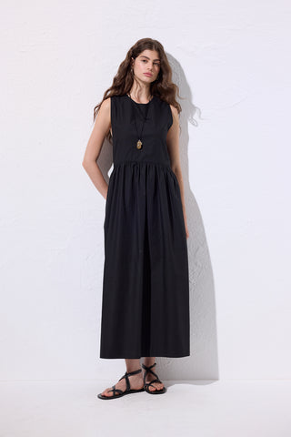 Belted Poplin Dress Black