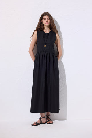 Belted Poplin Dress Black