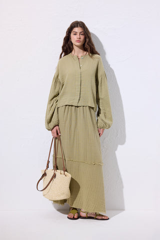 Layered Muslin Maxi Skirt Sage Green