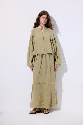 Muslin Puff-Sleeve Crop Blouse Sage Green