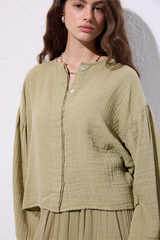 Muslin Puff-Sleeve Crop Blouse Sage Green