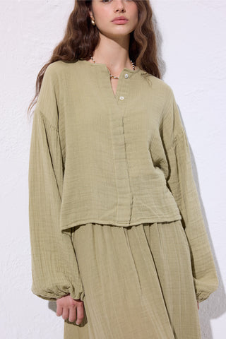 Muslin Puff-Sleeve Crop Blouse Sage Green