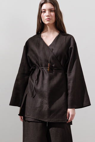 Linen Wrap Kimono Dark Brown