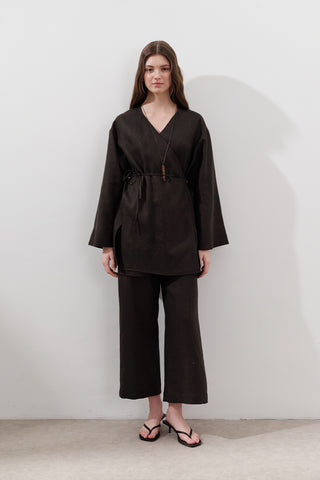 Linen Wrap Kimono Dark Brown