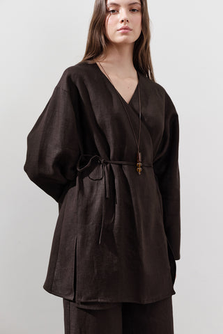 Linen Wrap Kimono Dark Brown