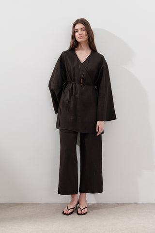 Linen Wrap Kimono Dark Brown