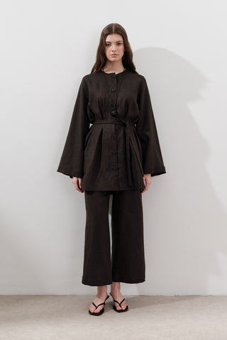 Wide-Leg Linen Trousers Dark Brown
