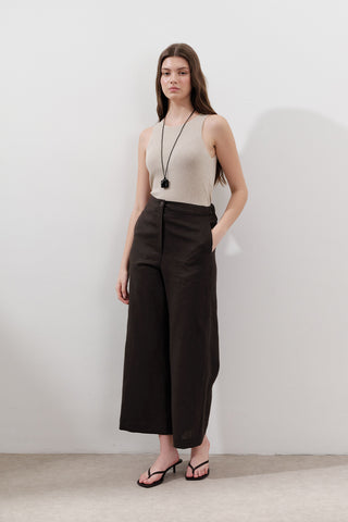 Wide-Leg Linen Trousers Dark Brown