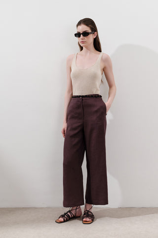 Geniş Paça Keten Pantolon Damson