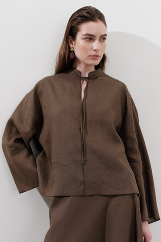 Linen Tie-Front Blouse Dusty Brown
