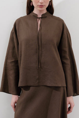 Linen Tie-Front Blouse Dusty Brown